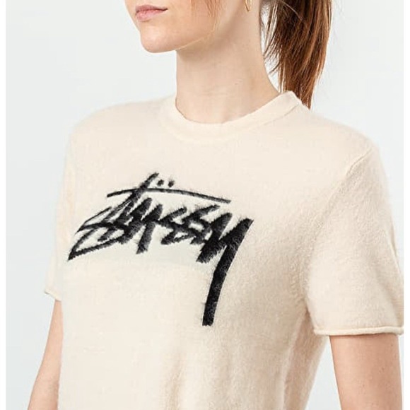 Stussy Sidney Logo Tee Women's S Ivory Brushed Knit Short Sleeve Sweater - Picture 1 of 10